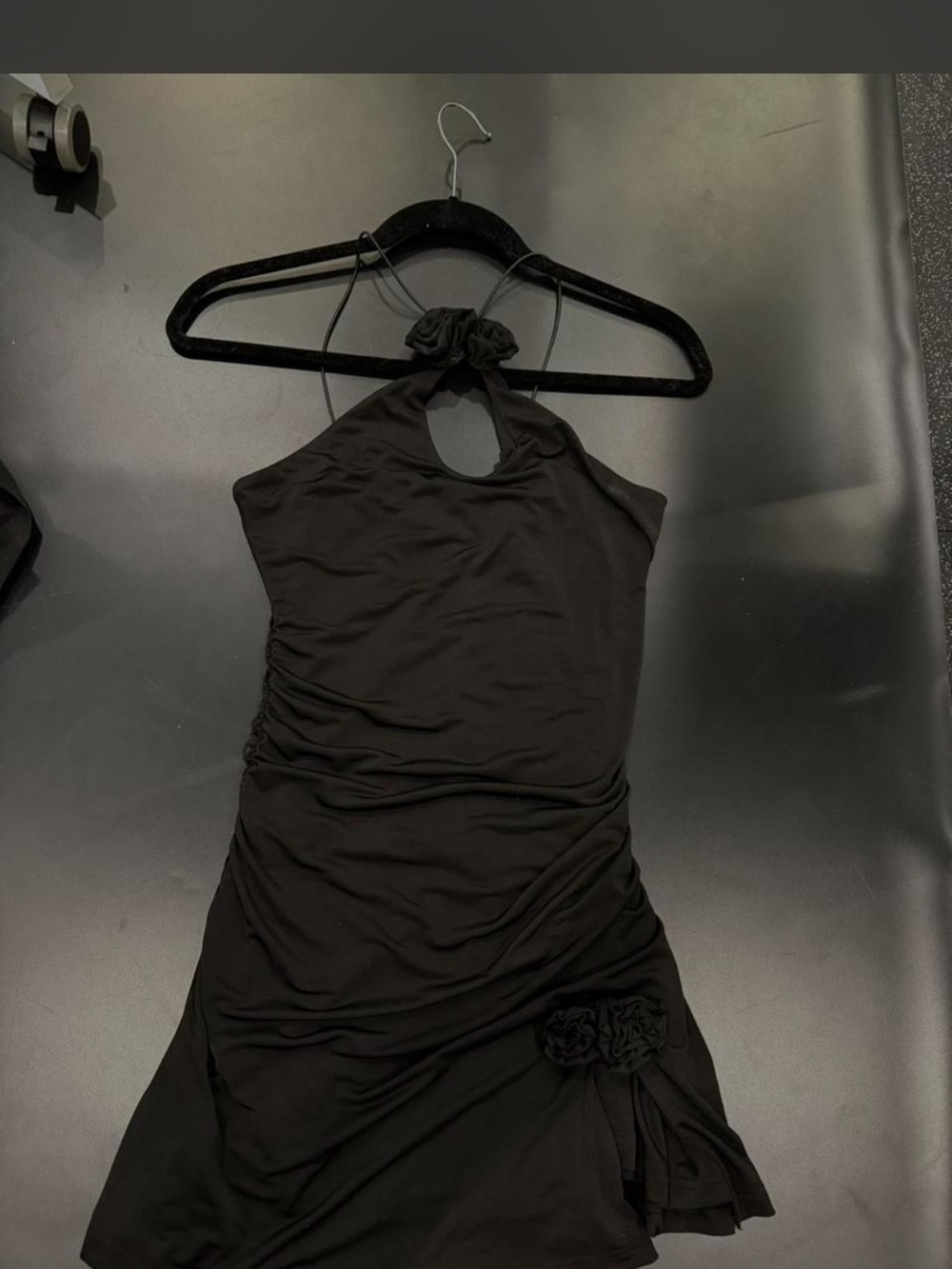 Meshki Black Asymmetrical Halter Dress with Rosette Detail
